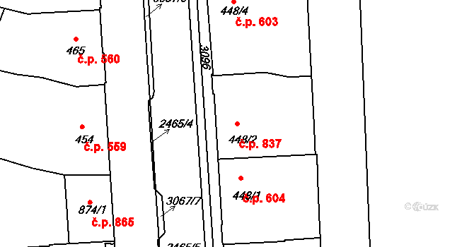 Kyjov 837 na parcele st. 448/2 v KÚ Kyjov, Katastrální mapa