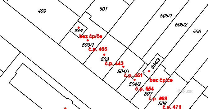Vyškov-Předměstí 443, Vyškov na parcele st. 503 v KÚ Vyškov, Katastrální mapa