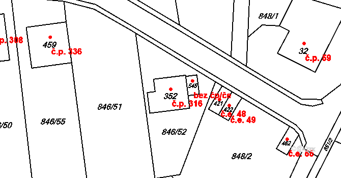 Lomnice 316 na parcele st. 352 v KÚ Lomnice u Tišnova, Katastrální mapa