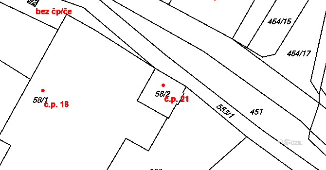 Petrovičky 21 na parcele st. 58/2 v KÚ Petrovičky u Hořic, Katastrální mapa