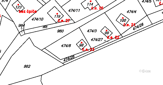 Stav 23, Úbislavice na parcele st. 98 v KÚ Stav, Katastrální mapa