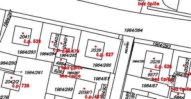 Borovina 527, Třebíč na parcele st. 2039 v KÚ Třebíč, Katastrální mapa