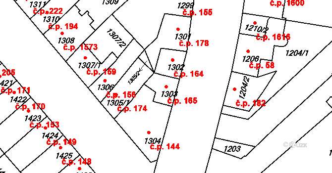 Husovice 165, Brno na parcele st. 1303 v KÚ Husovice, Katastrální mapa