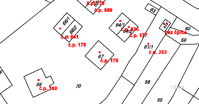 Jundrov 179, Brno na parcele st. 67 v KÚ Jundrov, Katastrální mapa
