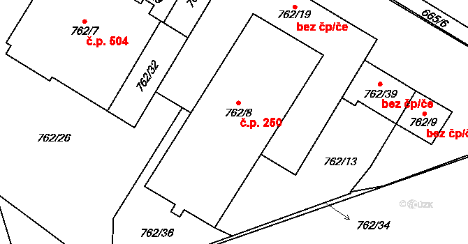 Medlánky 250, Brno na parcele st. 762/8 v KÚ Medlánky, Katastrální mapa