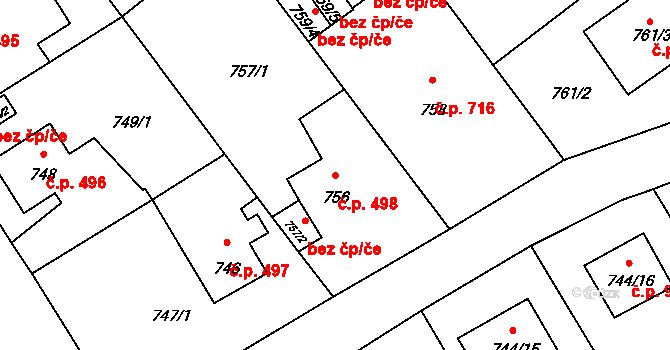 Pelhřimov 498 na parcele st. 756 v KÚ Pelhřimov, Katastrální mapa