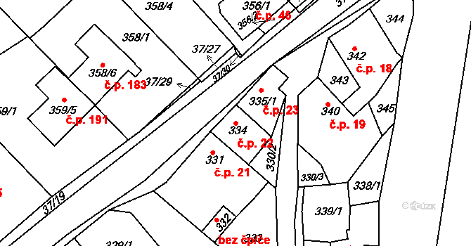 Hudcov 22, Teplice na parcele st. 334 v KÚ Hudcov, Katastrální mapa
