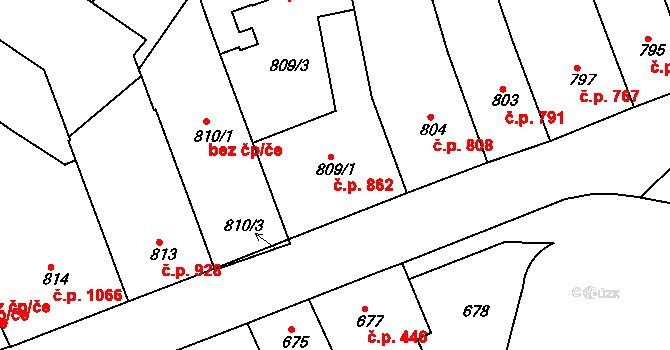 Teplice 862 na parcele st. 809/1 v KÚ Teplice, Katastrální mapa