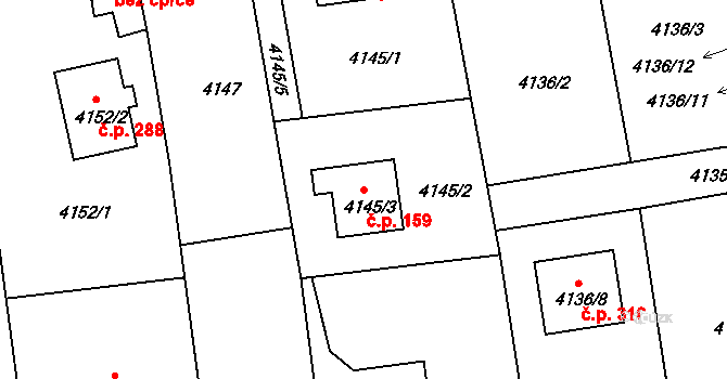 Lískovec 159, Frýdek-Místek na parcele st. 4145/3 v KÚ Lískovec u Frýdku-Místku, Katastrální mapa