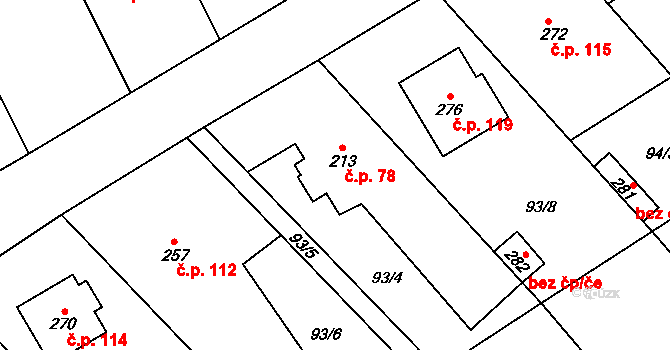 Unčovice 78, Litovel na parcele st. 213 v KÚ Unčovice, Katastrální mapa