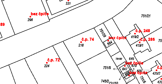 Liběchov 74 na parcele st. 218 v KÚ Liběchov, Katastrální mapa