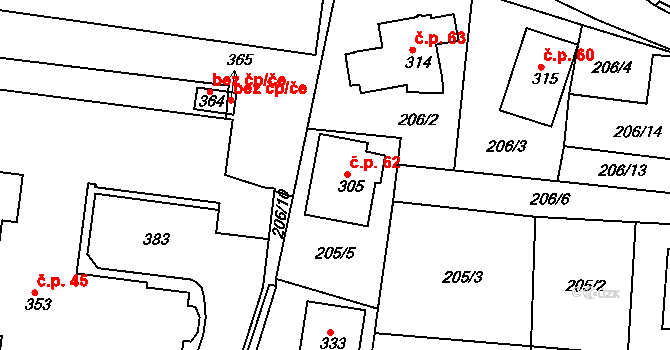 Skalka 62, Cheb na parcele st. 305 v KÚ Skalka u Chebu, Katastrální mapa