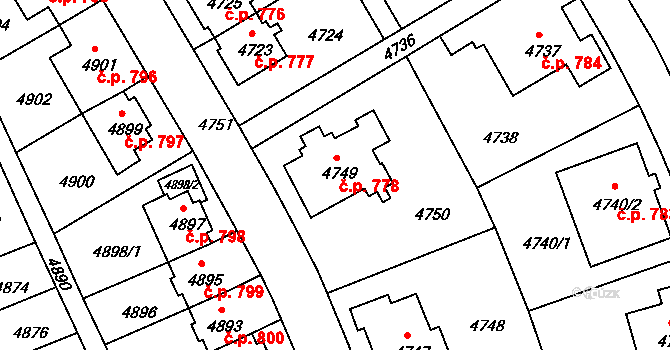 Záběhlice 778, Praha na parcele st. 4749 v KÚ Záběhlice, Katastrální mapa