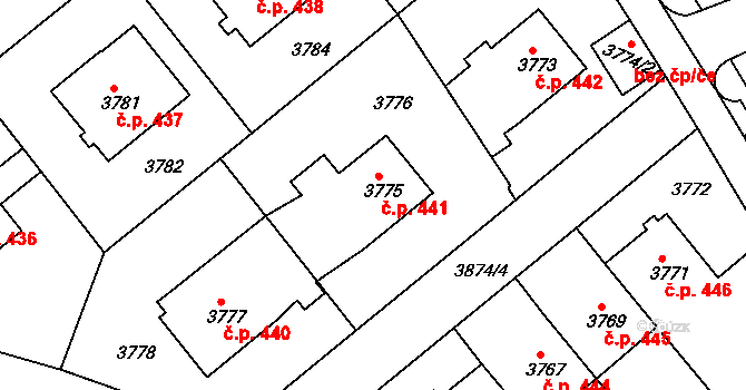 Modřany 441, Praha na parcele st. 3775/1 v KÚ Modřany, Katastrální mapa