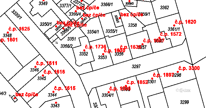 Chomutov 1630 na parcele st. 3353 v KÚ Chomutov I, Katastrální mapa