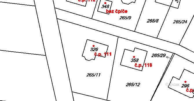 Bořanovice 111 na parcele st. 326 v KÚ Bořanovice, Katastrální mapa