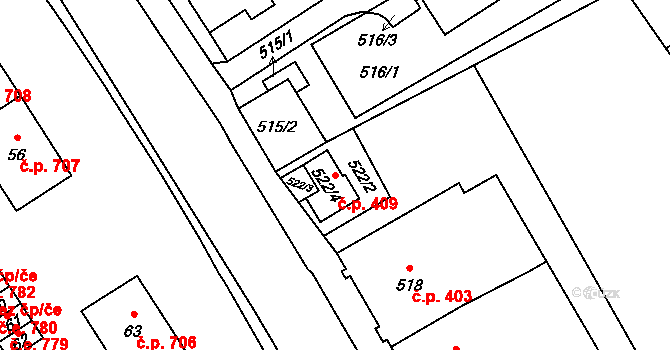 Kopřivnice 409 na parcele st. 522/4 v KÚ Kopřivnice, Katastrální mapa