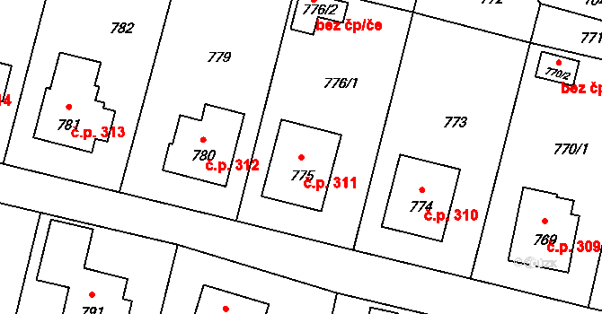 Divišov 311 na parcele st. 775 v KÚ Divišov u Benešova, Katastrální mapa