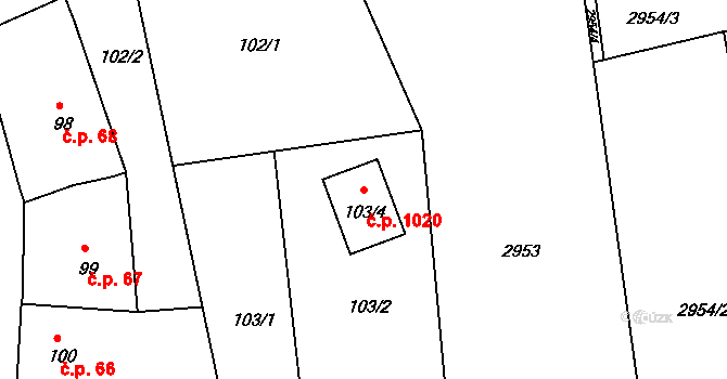 Štramberk 1020 na parcele st. 103/4 v KÚ Štramberk, Katastrální mapa