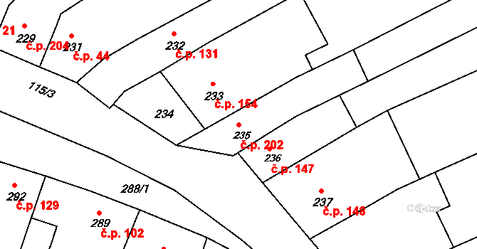Milešovice 202 na parcele st. 235 v KÚ Milešovice, Katastrální mapa