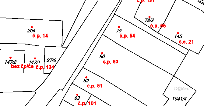 Podmokly 53 na parcele st. 80 v KÚ Podmokly nad Berounkou, Katastrální mapa