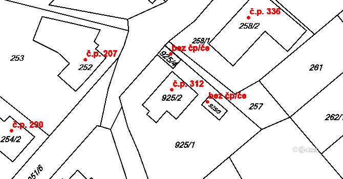Olomučany 312 na parcele st. 925/2 v KÚ Olomučany, Katastrální mapa