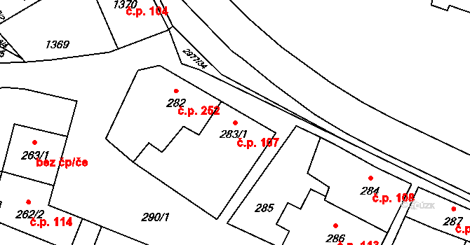 Mohelnice 107 na parcele st. 283/1 v KÚ Mohelnice, Katastrální mapa