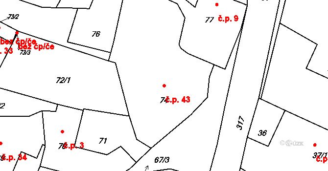 Jestřabí 43, Fulnek na parcele st. 74 v KÚ Jestřabí u Fulneku, Katastrální mapa