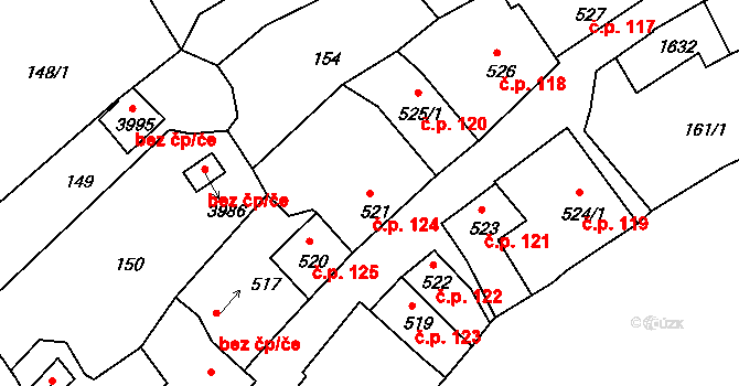 Plešivec 124, Český Krumlov na parcele st. 521 v KÚ Český Krumlov, Katastrální mapa
