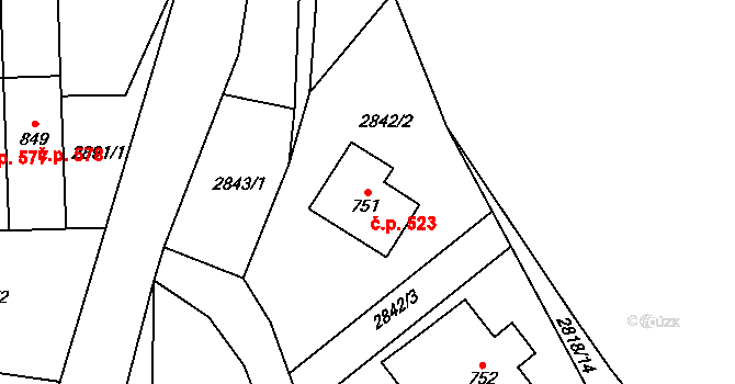 Kryry 523 na parcele st. 751 v KÚ Kryry, Katastrální mapa