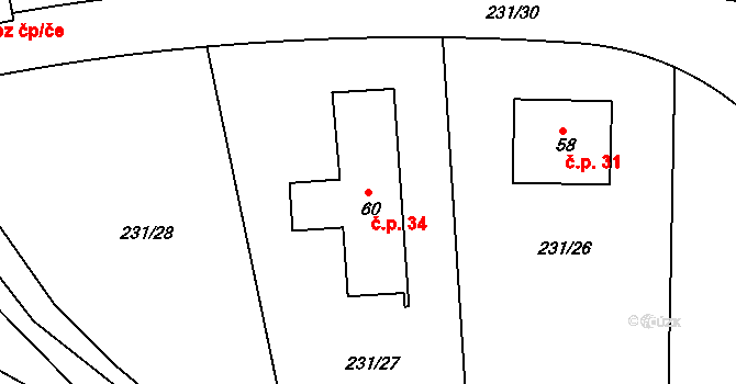 Radimovice 34, Petříkov na parcele st. 60 v KÚ Radimovice u Velkých Popovic, Katastrální mapa