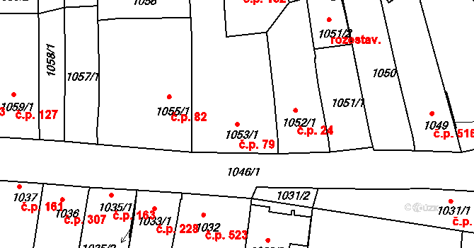 Hlohovec 79 na parcele st. 1053/1 v KÚ Hlohovec, Katastrální mapa
