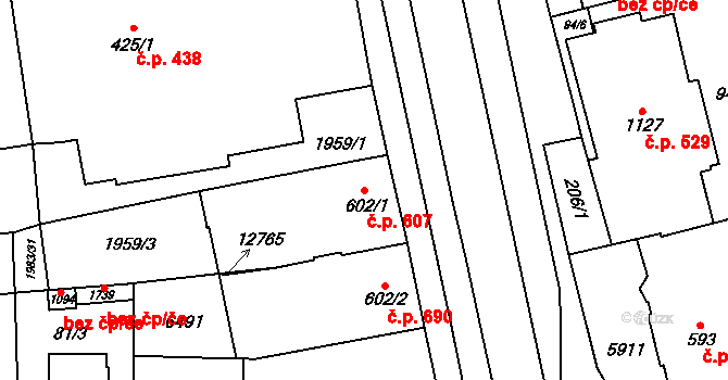 Hrušovany nad Jevišovkou 607 na parcele st. 602/1 v KÚ Hrušovany nad Jevišovkou, Katastrální mapa