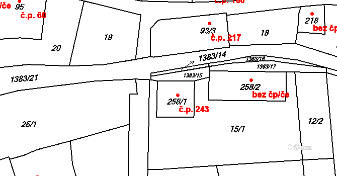 Vranov nad Dyjí 243 na parcele st. 258/1 v KÚ Vranov nad Dyjí, Katastrální mapa