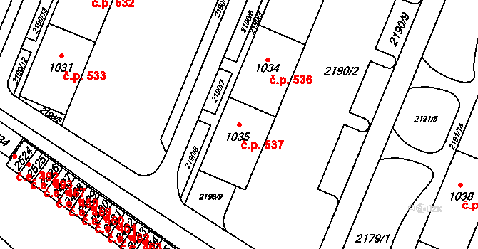 Kyjov 537 na parcele st. 1035 v KÚ Kyjov, Katastrální mapa