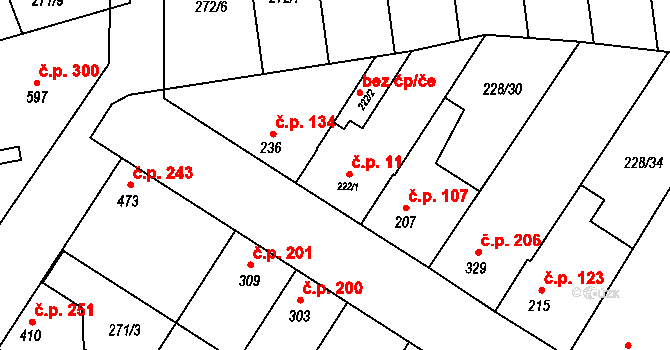 Humny 11, Pchery na parcele st. 222/1 v KÚ Pchery, Katastrální mapa