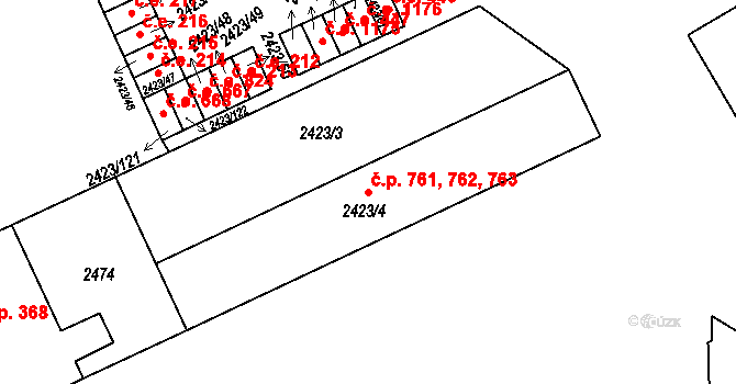 Jindřichův Hradec II 761,762,763, Jindřichův Hradec na parcele st. 2423/4 v KÚ Jindřichův Hradec, Katastrální mapa