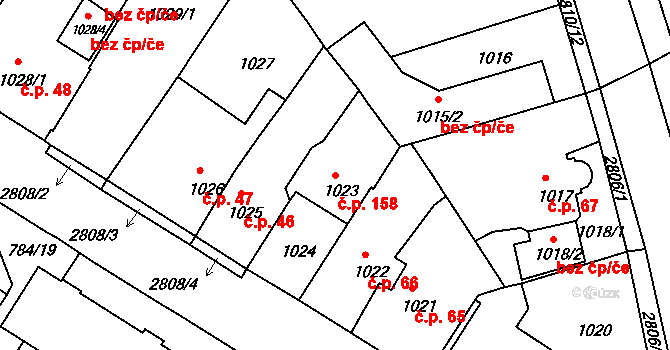 Dačice V 158, Dačice na parcele st. 1023 v KÚ Dačice, Katastrální mapa
