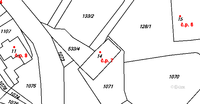 Dolní Dehtov 7, Třebihošť na parcele st. 14 v KÚ Horní Dehtov, Katastrální mapa