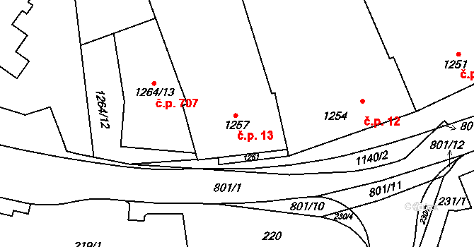 Velký Týnec 13 na parcele st. 1257 v KÚ Velký Týnec, Katastrální mapa