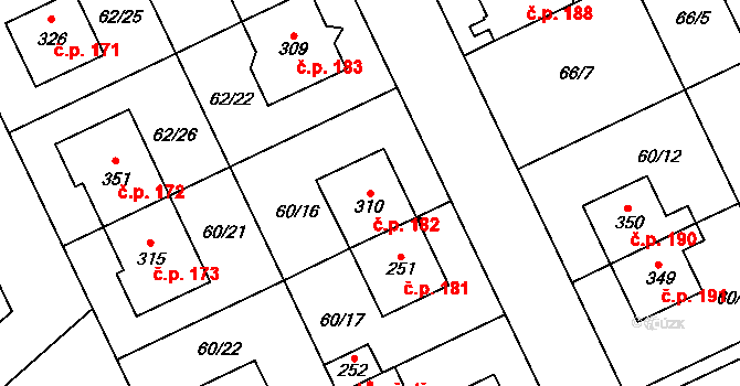 Kluk 182, Poděbrady na parcele st. 310 v KÚ Kluk, Katastrální mapa