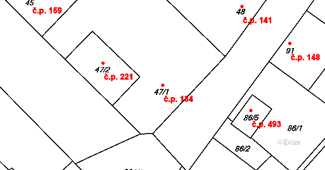 Milovice 134 na parcele st. 47/1 v KÚ Milovice nad Labem, Katastrální mapa