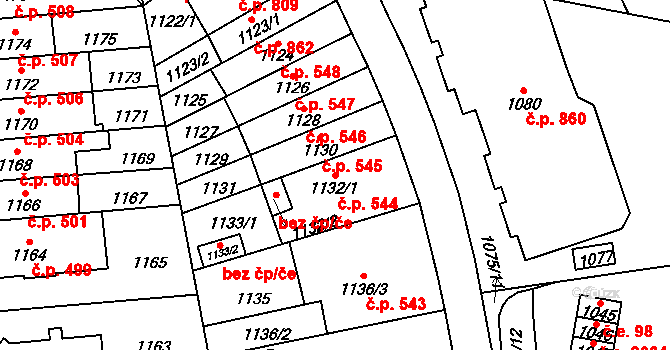 Lesná 544, Brno na parcele st. 1132/1 v KÚ Lesná, Katastrální mapa