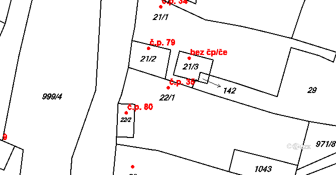 Přečaply 35, Údlice na parcele st. 22/1 v KÚ Přečaply, Katastrální mapa