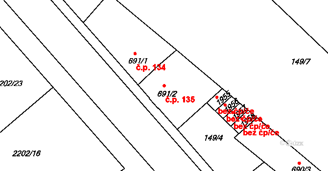 Střední Předměstí 135, Trutnov na parcele st. 691/2 v KÚ Trutnov, Katastrální mapa