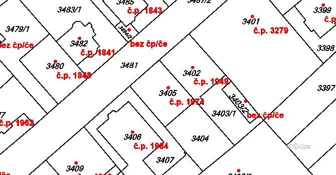 Chomutov 1974 na parcele st. 3405 v KÚ Chomutov I, Katastrální mapa