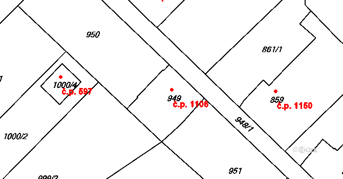 Rumburk 1 1106, Rumburk na parcele st. 949 v KÚ Rumburk, Katastrální mapa