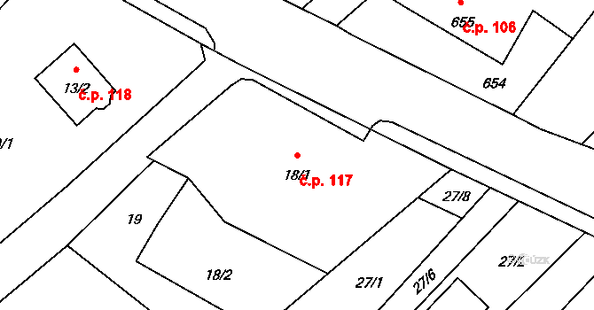 Ráj 117, Karviná na parcele st. 18/1 v KÚ Ráj, Katastrální mapa