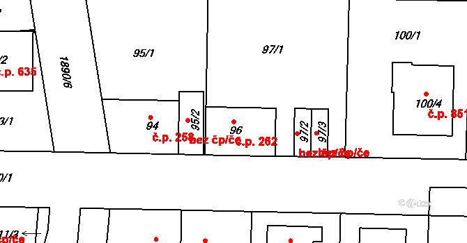 Černice 262, Plzeň na parcele st. 96 v KÚ Černice, Katastrální mapa