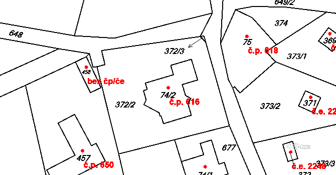 Struhařov 616, Kamenice na parcele st. 74/2 v KÚ Štiřín, Katastrální mapa